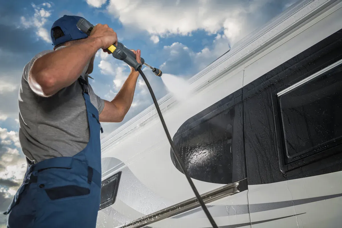 Man power washing an RV